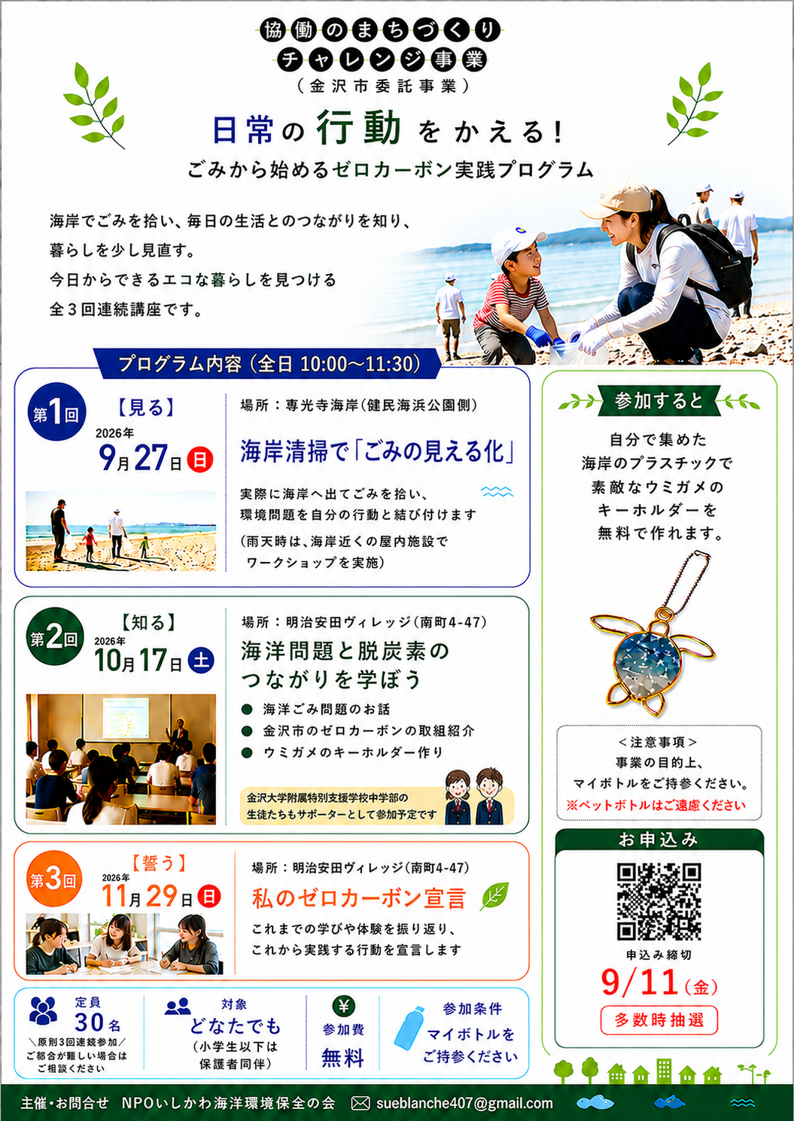 (イメージ)【NPOいしかわ海洋環境保全の会】日常の行動をかえる!ごみから始めるゼロカーボン実践プログラム