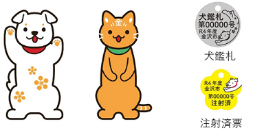 候補3 白色で梅模様があり赤い首輪をつけた犬、茶色で額に金マーク、耳の穴がお米、緑の首輪をつけた猫のイラストのデザイン、シルバー色で犬のイラストが入った鑑札、犬のイラストが描かれた注射済票のデザイン