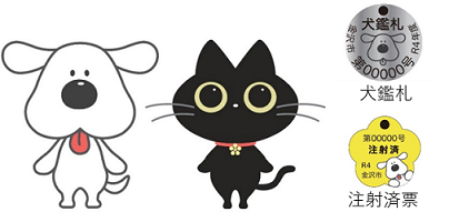 候補5 白色で舌を出している犬、キョロキョロおめめに赤い首輪をつけた黒猫のイラストのデザイン。シルバー色で犬のイラストが入った鑑札、犬のイラストが描かれた注射済票のデザイン