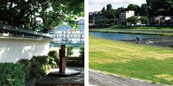 左：白い塀と植木の横に建てられている室生犀星の記念碑の写真、右：川岸に芝生が広がる犀川の写真