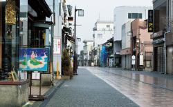 歩道沿いに沢山の店が並ぶ、横安江商店街の写真