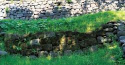 石が積まれた石垣の上に草が生えていて、さらにその上にも石垣が見えている写真