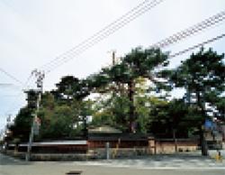 広く開けた空間に立っている昔ながらの塀に囲まれた場所に、立派な松の木などの木々が植えられている六科の広見の写真