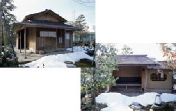 左上：雪の積もった庭園の奥にある茶室「山宇亭」の外観写真、右下：雪の積もった庭園の奥にある「山宇亭」の腰掛待合の外観写真