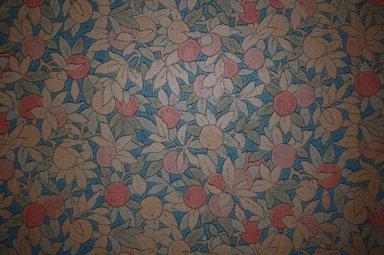 ブルーの下地にオレンジ色や黄色の杏の絵柄が描いてある応接間の壁紙の写真