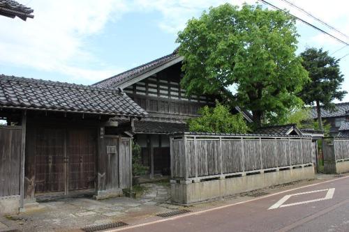 桟瓦葺の棟門と大きな緑が生い茂った木の後ろに、切妻造の菊知家住宅主屋の写真