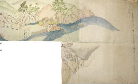 山々のふもとを流れる川に隧道が描かれた紙本著色辰巳用水絵巻の左下部分が4分の1ほど欠けている写真
