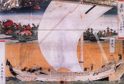 海を走る大きな帆の船の奥に粟崎八幡神社が見えている様子が描かれている粟崎八幡神社奉納絵馬額面の写真