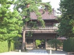 松の木に囲まれた、山門は入母屋造り、平入り、本瓦葺の建物の天徳院山門の写真