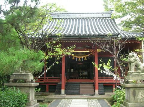 松の木など木々が植えられている中に狛犬が飾られ、奥に朱を基調とし、注連縄が飾られている長田菅原神社拝殿の写真