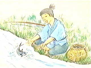 川で新九郎が魚釣りをするイラスト