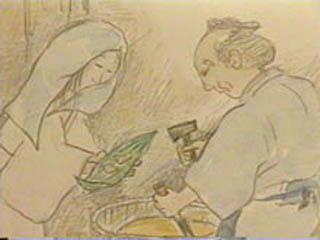 笹の葉に包んだあめをおじいさんが女性に渡しているイラスト