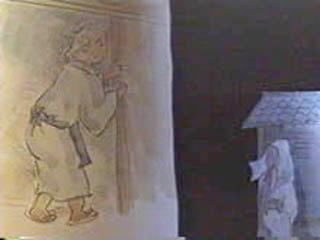 お寺の中へはいっていく女性の後ろ姿を大戸から見ているおじいさんのイラスト