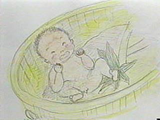 桶の中で、赤ちゃんが真っ赤な顔で泣いているイラスト