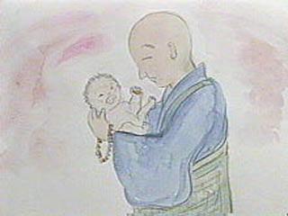 和尚さんが赤ん坊を抱っこするイラスト