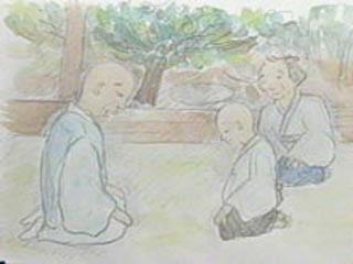 おじいさんの横に男の子が正座し、前に和尚さんが正座しているイラスト
