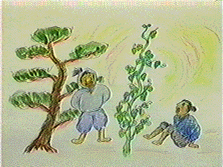 松の木の高さまで伸びた豆の木に驚く村の男性と大喜びする弥七のイラスト