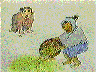 弥七がざる一杯の豆を畑に蒔き、それを村の男性が呆れて両手をついて見ているイラスト