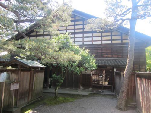 敷地内に大きな松の木があり、木造の大屋家の写真