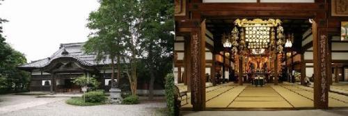 左側：境内に樹木が生い茂っており、大きな桟瓦葺き屋根作られた如来寺本堂の外観の写真、右側：広い和室の天井から天蓋が吊り下げられており、奥に仏壇がある如来寺本堂内部の写真