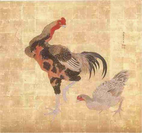 中央に片足をあげて後ろを振り返っている軍鶏、その軍鶏の視線の先に雌鳥が描かれている紙本著色双鶏図衝立の写真