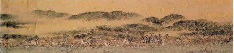 山々が連なる山脈のふもとに広がる大野川に面した村の集落が描かれた湖真景之図西の写真