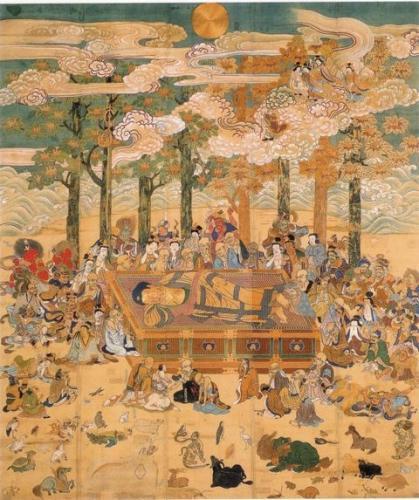 8本の背の高い樹木、中央に横たわっているお釈迦様、その周りに集まる多くの人物と動物が描かれた涅槃図の写真