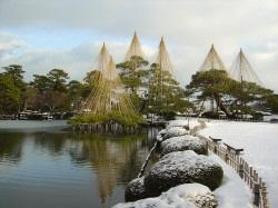 蓮池庭と竹沢庭が一体化した、雪の積もった兼六園の写真