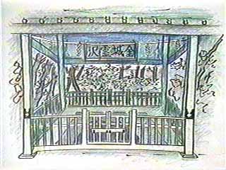沢の部分が木の柵で囲われ、内部の屋根の部分に「金城霊沢」と書かれた看板が掲げられているイラスト