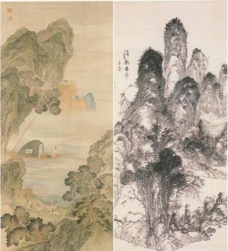 左：切り立った崖の下に人々が集まっている漁楽図、右：切り立った山々や木々が墨で描かれた渓声書音図の写真