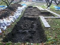 発掘調査のため掘られた地面に黒い土や石が転がっている様子の写真