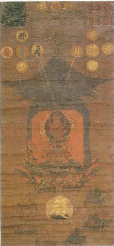 朱色の宝塔の中に明王が坐っている絹本著色愛染明王画像の写真
