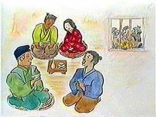 隣り合って座っている藤五郎と和子、盃をもってお酒を飲んでいる方信、方信と談笑している青い着物の男性、結婚式の様子を窓の外から見ている村人たちのイラスト