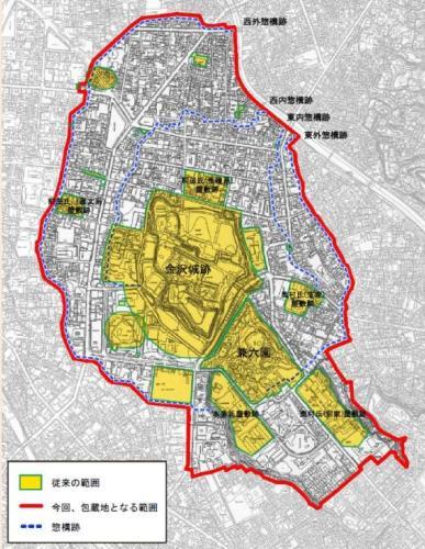 黄色の色で記された「従来の範囲」、赤い線で囲まれた「今回包蔵地となる範囲」、青色の点線で囲まれた「惣構跡」が記された金沢城下町遺跡の範囲の地図