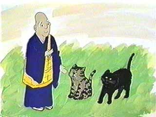 青色の着物に黄色い袈裟を身につけた和尚とお寺の猫と黒猫のイラスト