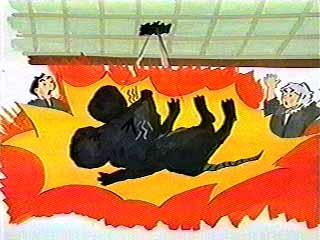 天井を突き破って落ちてきた黒い大きなネズミと驚いている2人の男の人のイラスト