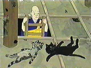 梯子を上って天井裏に来た和尚と天井裏に横たわっているお寺の猫と黒猫のイラスト