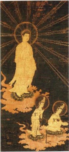 阿弥陀如来が観音・勢至の二尊を卒いている様子が描かれている絹本著色阿弥陀三尊来迎図の写真