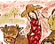 牛の背に乗っている、笠から垂れ下がる布がついた市女笠を被った赤い着物の女性のイラスト