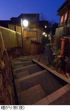 坂の階段の途中に街灯が灯って周りを照らしている暗がり坂の写真