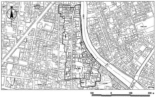 旧彦三一番丁・母衣町区域こまちなみ保存基準を示した地図