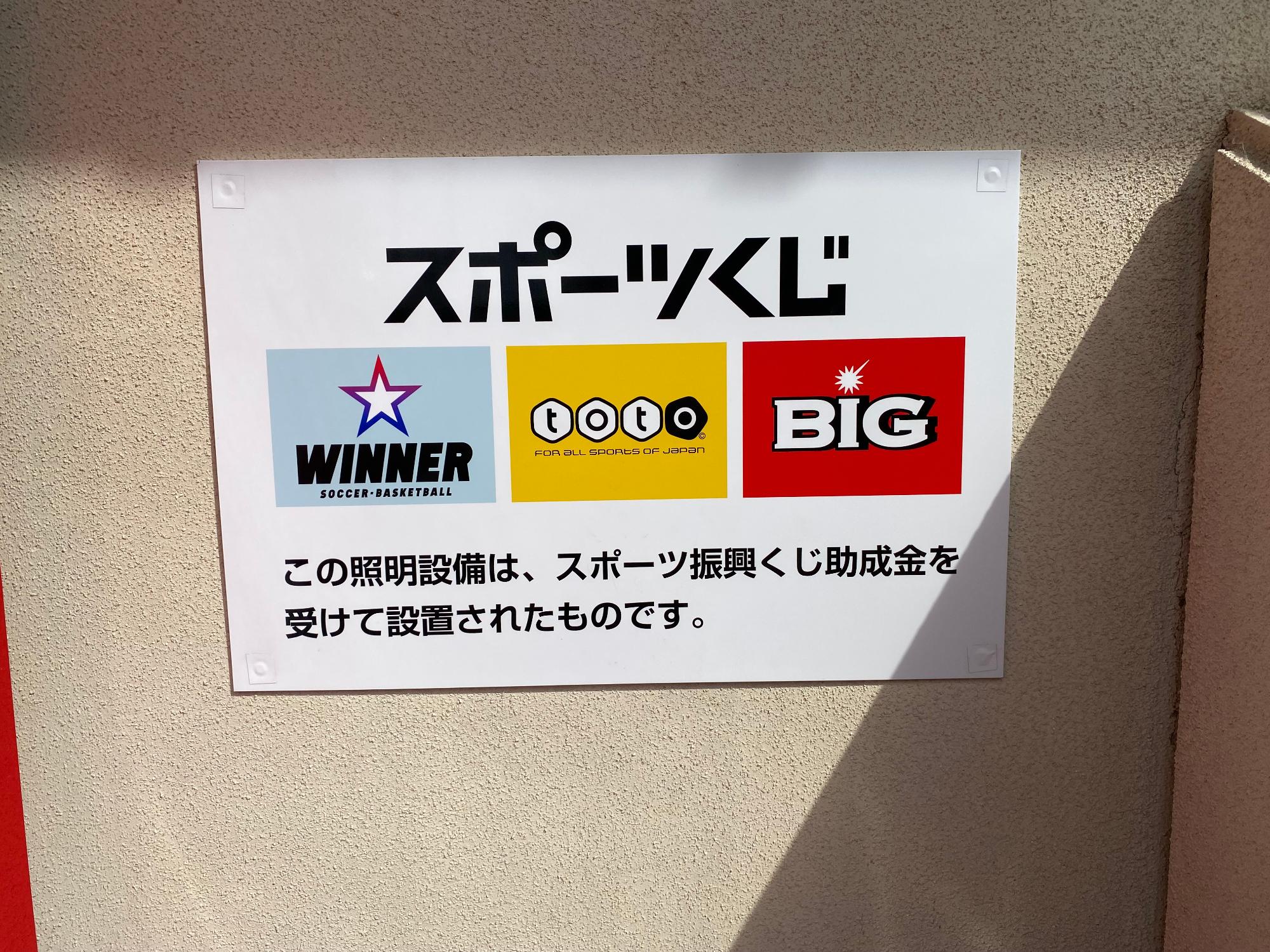 大徳テニスコートクラブハウス入口に設置されたスポーツくじ、toto、BIG、WINNERのロゴマーク入り看板