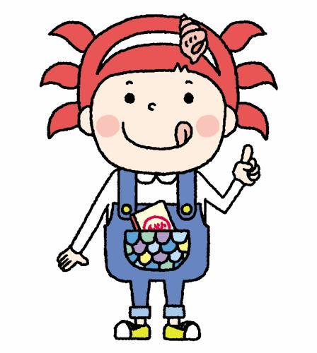 赤い髪に貝殻が付いたカチューシャを付け、オーバーオールを着た金沢の海の幸マスコットキャラクター 「さかなざわ さちこ」のイラスト
