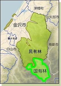 金沢市の国有林を表す地図