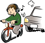 ヘッドホンをしている為後ろの車に気づかず自転車に乗っている男性のイラスト