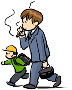 歩きながらたばこを吸うスーツの男性の横を子供が歩いているイラスト