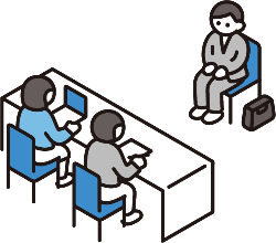 2人の面接官が座って机越しに面接をしている正面に1人の受験者が座っているイラスト