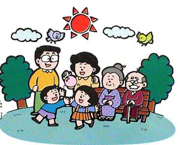 お爺ちゃんとお祖母ちゃんがベンチに座り、お父さんとお母さんと女の子と男の子が楽しそうに遊んでいるイラスト