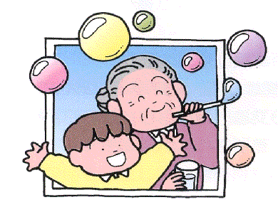 窓際で、おばあちゃんと男の子がシャボン玉遊びをしているイラスト