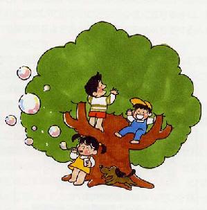 木登りをしている2名の男の子と木の下でシャボン玉をしている女の子、駆け回っている犬のイラスト